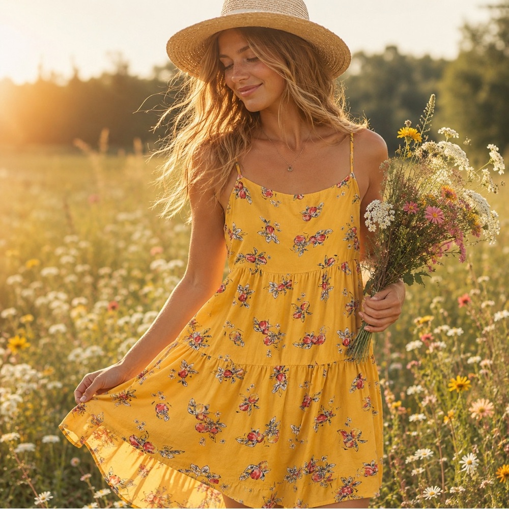Copper Key Yellow Peach Print Tiered Cami Dress Western Boho Cottagecore M